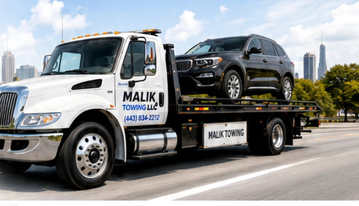 Premium Malik Towing truck visual with company name and phone number