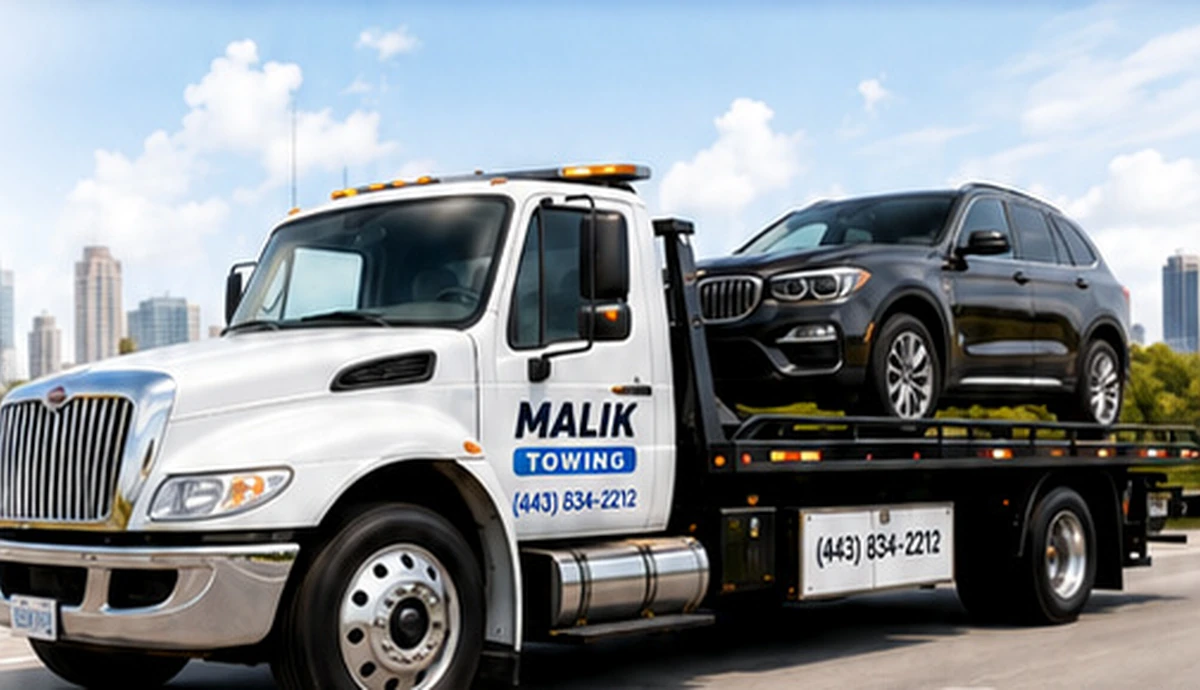 Malik Towing branded truck and Maryland service locations